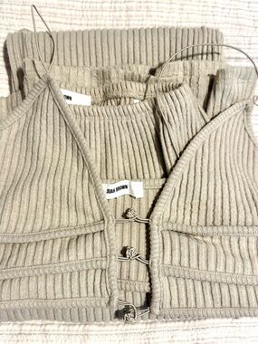 Joah Brown Ribbed Hook-Front Crop Top - & matching pants - Taupe
